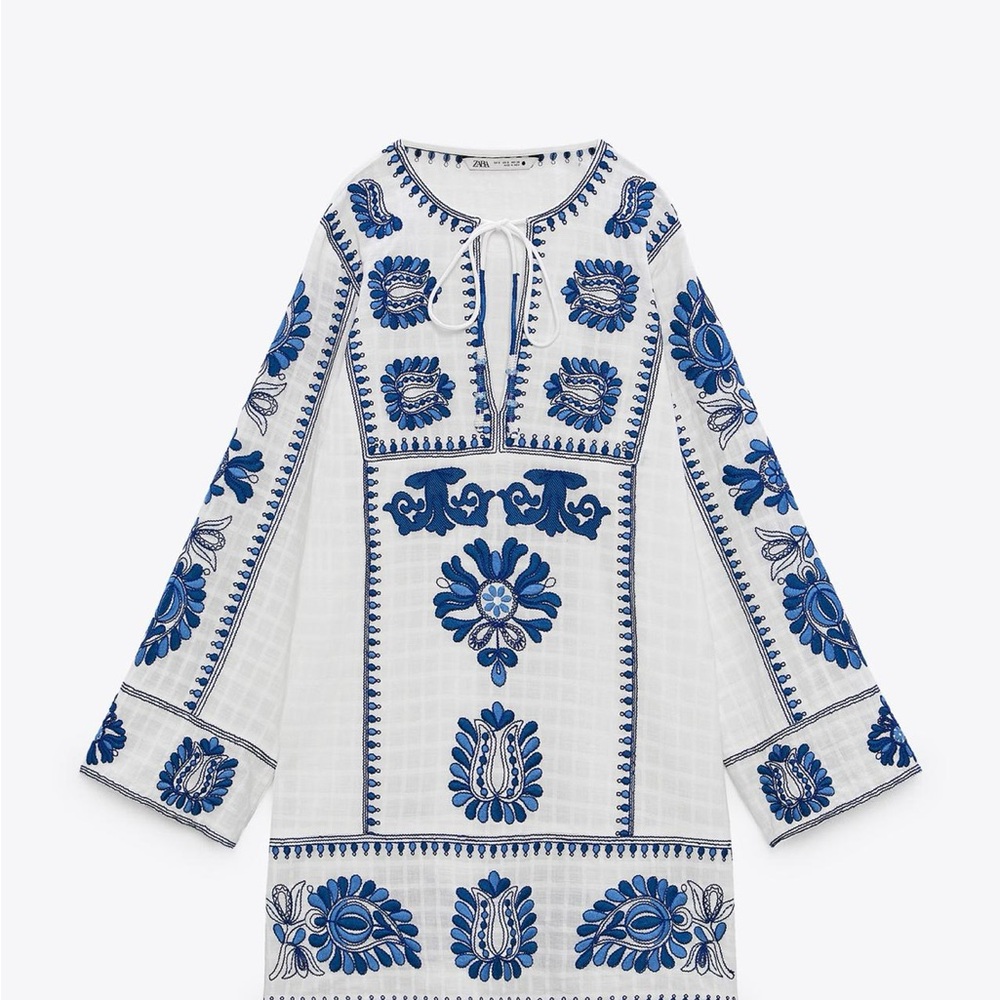 Zara White and Blue Embroidered Dress